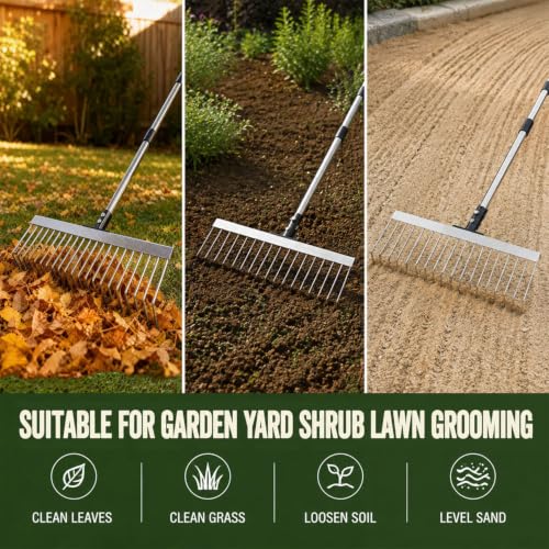 Garden Rake for Leaves, Heavy Duty Metal Leaf Rake for Lawn, Yard, Shrub - size: 77 inch