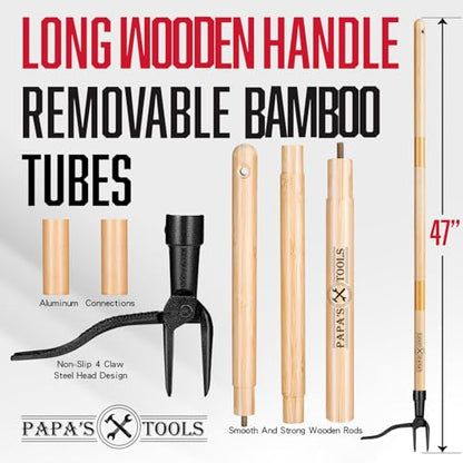 MELISSA AND HARRY Papa's Tools Weeder - Stand Up Weed Puller Tool Made with Long Wooden Handle - Real Bamboo & 4-Claw Steel Head (Natural / 3PC) - color: Natural / 3PC