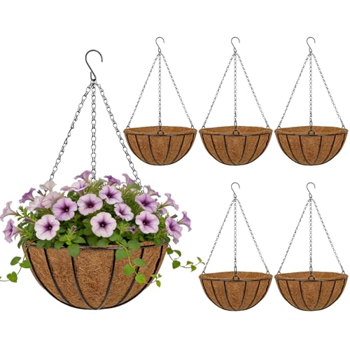 12 Inch Metal Hanging Basket with Coco Coir Liner for Flowers Planting, 6 Pack Hanging Baskets for Plants Outdoor, Round Wire Planters with Chain for Home Patio Porch Balcony Garden Decor - size: 12" & 6 Pcs