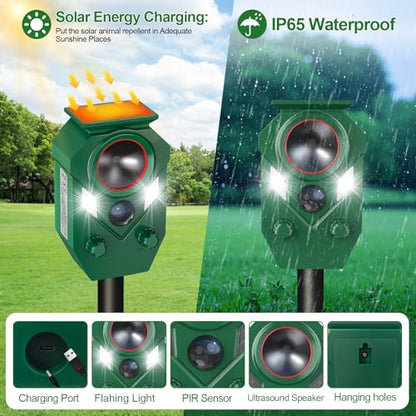 Solar Animal Repellent,Ultrasonic Cat Repellent Outdoor with Motion Sensor,Waterproof Rabbit Repeller with Flashing Light Defender Dog, Mouse,Squirrel,Raccoon,Skunk,Deer for Yard Farm Garden-2 Pack - size: 1 Count (Pack of 2)