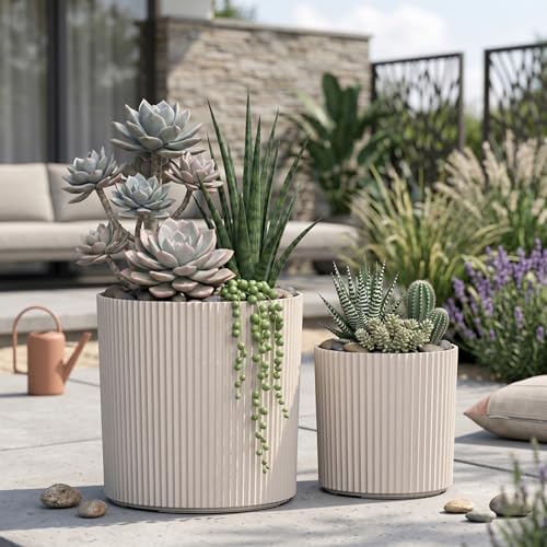 Mayne Haven 10in & 14in Round Fluted Modern Planter Set, Chai, 2-Pack - color: Chai, size: 10in and 14in