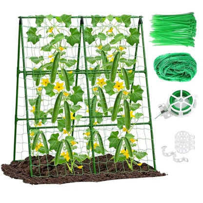 2PCS 33"x47" A-Frame Cucumber Trellis, Metal Plant Support with Net - size: 33"x47"-2pcs