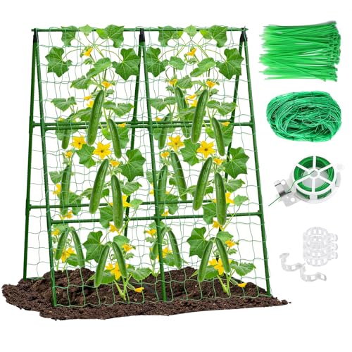 2PCS 33"x47" A-Frame Cucumber Trellis, Metal Plant Support with Net - size: 33"x47"-2pcs