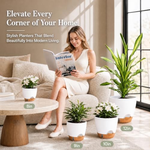Self Watering Pots 12/10/8/9 Inch Large Indoor Outdoor White Planters - color: White