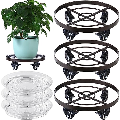 Planterhoma 3 Packs 12.6 inches Large Metal Plant Caddy with Wheels Plant Dolly Coasters Heavy-duty Wheeled Rolling Plant Stand with Casters for Indoor Outdoor Flower Pot Mover Rollers - color: Brown, size: 12.6"/ 3 packs