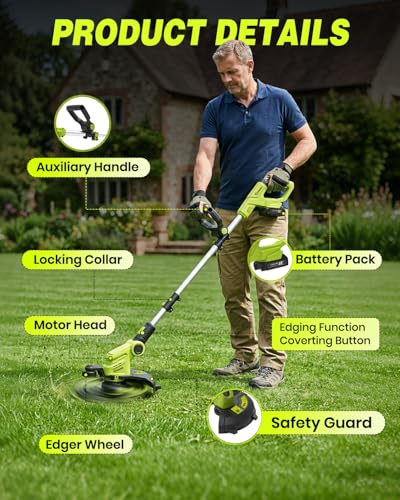 Saker Cordless Weed Wacker,3-in-1 Weed Cutter with Auto Line Feed, 12-in Cordless Lawn Mower Grass Trimmer&Edger Lawn&Mower Tool with 2 Batteries for Yard, Garden,Wireless Weed Eater with 2 Lines