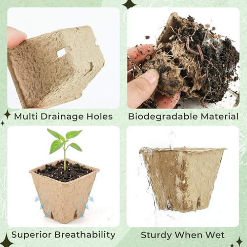 100 Pcs Square Nursery Pots, 5 Pcs Seed Starter Tray, 2.6 inch Nursery Pots with Tray, Plastic Starter Pots for Planting Seeds, Reusable Seed Starting Pots with Drainage Holes (Kraft Paper) - style: kraft paper