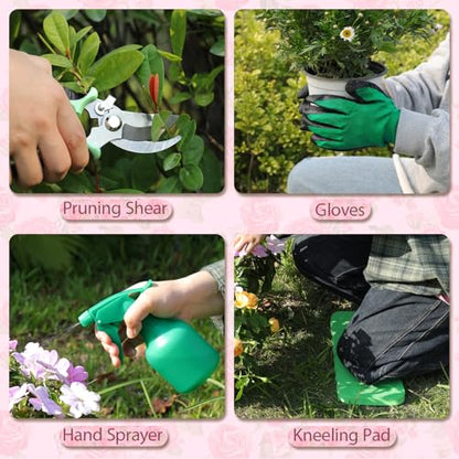 LeMotech Garden Tools Set, 10-Piece Heavy Duty Garden Hand Tools Kit with Wooden Handle, Durable Organizer Bag for Garden Supplies, Gardening Gifts for Women Grandmother, Pink Floral Pattern - style: Pink Floral Garden Bag