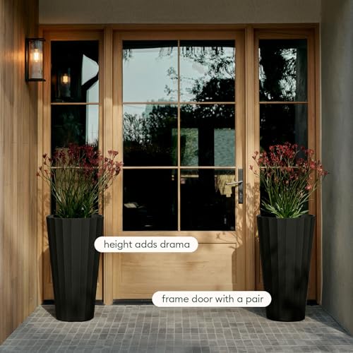Veradek Column Series Tall Planter - Tapered Outdoor Planter with Shelf - color: Black, style: Wide Groove - 2 Pack