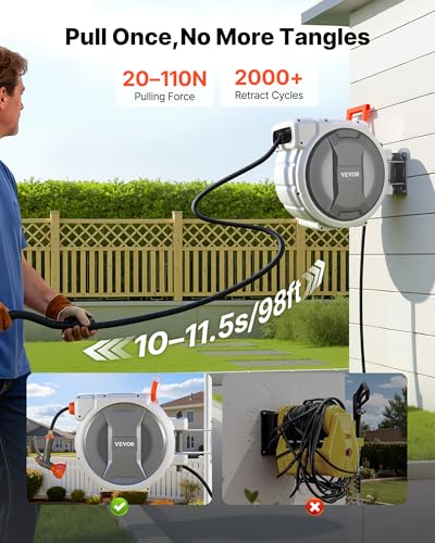 VEVOR Retractable Garden Hose Reel, 1/2 in x 100 ft, Wall Mounted Hose Reel with 9-Function Sprayer Nozzle and 180° Swivel Bracket, Any Length Lock, Automatic Slow Rewind System, for Garden Watering - size: 1/2 in x 100 ft