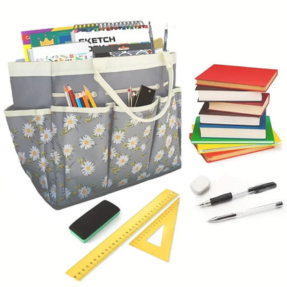 Garden Tool Caddy,Gardening Tote Bag Multi-Pocket,Garden Caddy Garden Bags for Tools Organizer(Daisy Gray Background)