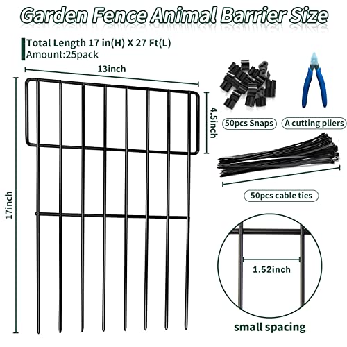 ULIOK Animal Barrier Fence, 25 Panels No Dig Fence, 27ft(L) x 17in(H) Dog Fencing Rabbit Fences, 1.52in Spike Spacing Rustproof Metal Fences Border for Outdoor Yard with Cable Ties and Cutting Plier - size: 25 Panels-27ft(L)x17in(H)