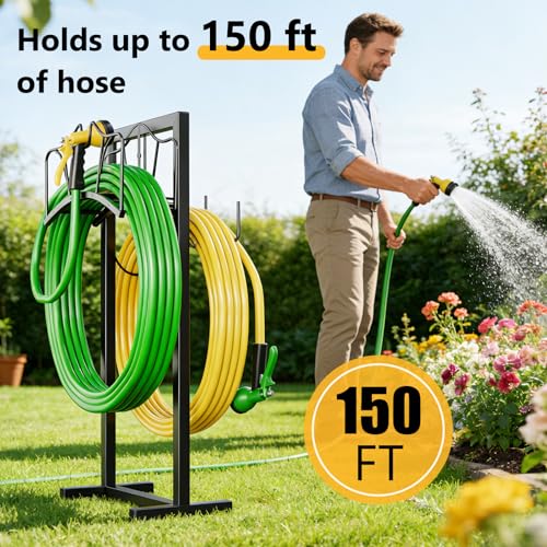 Garden Hose Holder Holds 2 x 150FT Hoses, Freestanding Hose Holder with 4 Spikes, Rustproof Water Hose Holder Storage for Outside Yard Lawn Farm