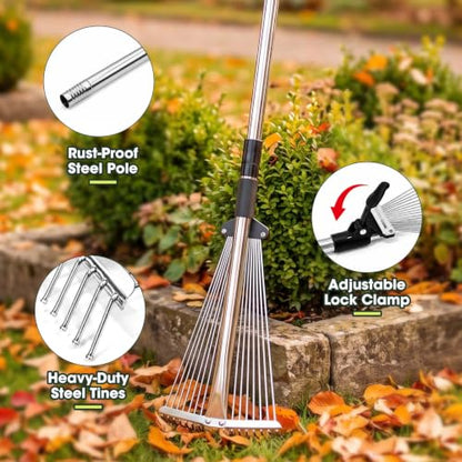 Rake for Leaves 15 Teeth, 7-15" Adjustable Width Metal Rake - size: 7"-15" Wide, 34"-66" Long