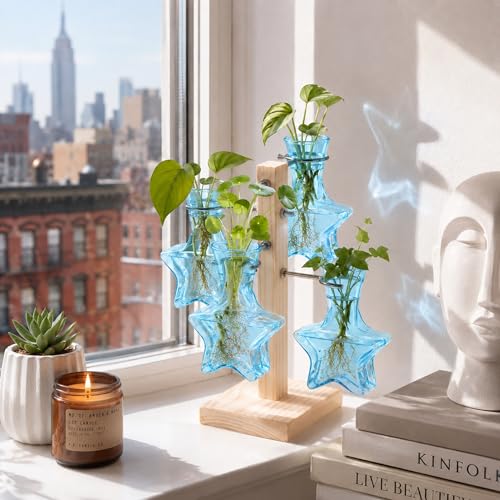 Nacome Plant Terrarium Propagation Stations: Blue Vase with Wooden Stand - color: Blue