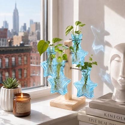 Nacome Plant Terrarium Propagation Stations: Blue Vase with Wooden Stand - color: Blue