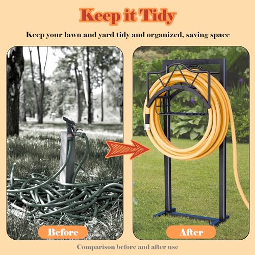 Garden Hose Holders for Outside - Water Hose Holder Freestanding,Metal Hose Stand with 5 Spikers,Hose Hanger with basket,Outdoor Garden Hose Reel Heavy duty,Holds 150-feet Hose,Black