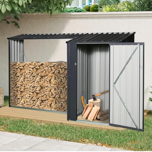 YOPTO 106.5" Outdoor Steel Firewood Rack Metal Storage Shed with Door and Reinforced Base,Multi-Functional 2 in 1 Waterproof Cabinet W/Roof,for Equipment Machines,Black - color: 106.5"+black