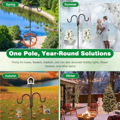 Upgraded Garden Hose Holder, Freestanding Water Hose Holder, Double Shepherds Hooks for Outdoor, Adjustable Hose Stand with 5 Spikes Heavy Duty Metal Bird Feeder Pole for Outside Yard Lawn