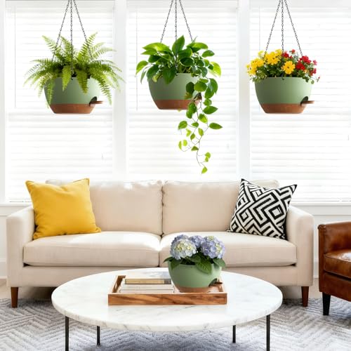 UOUZ Set of 3-10 Inch Self Watering Hanging Planters for Indoor & Outdoor，Hanging Plant Pots with Drainage & Removable Tray, Hanging Pots Holder for Ivy, Ferns, Balcony & Patio, Green and Brown - color: Green With Brown, size: 10inch-3pack