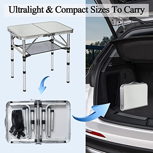 Small Folding Table with Storage Net, 24" x 16" Portable Foldable Camping Table with 3 Adjustable Height, White Metal Table for Beach, Patio, BBQ