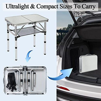 Small Folding Table with Storage Net, 24" x 16" Portable Foldable Camping Table with 3 Adjustable Height, White Metal Table for Beach, Patio, BBQ