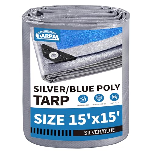 TARPAL Tarp 15x15 feet 7.5mil Multipurpose Waterproof Poly Tarp Silver/Blue - color: Silver/Blue-7.5mil, size: 15x15 Feet-Finished size