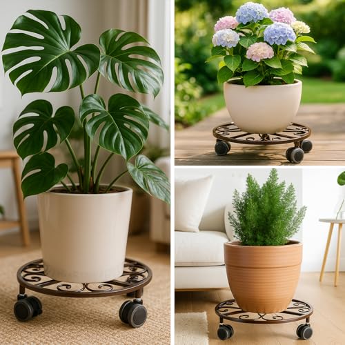 3 Pack Plant Caddy with Wheels & Saucers, Heavy Duty 13.5 Inch Metal Plant Stand with Wheels, Plant Dolly Rolling Plant Stand Plant Roller with Casters for Indoor and Outdoor, Bronze