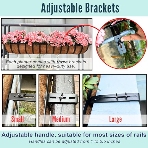 LaLaGreen Planter Boxes Outdoor (48 Inch, 4 Pack) Long Rectangular Deck Railings Flower Box with Coco Liner, Black Metal Balcony Bracket Hanging Planters for Plants Over Rails Fence Patio Porch Decor - size: 48" (122cm) x 4 pack