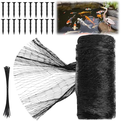 Koi Pond Netting Kit 15 x 20ft, Bird Deer Fence Netting, Durable Net Cover for Leaves, Heavy Duty Fine Mesh, Protect Fish from Blue Heron Birds, Cats & Predators, 20pcs Stakes & Ties Included - color: Black, size: 15 x 20ft