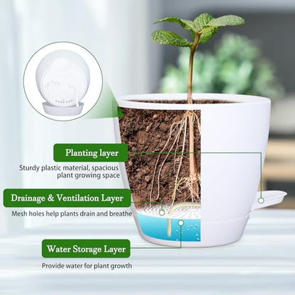 Koalaime Hanging Planters for Indoor Plants, 2 Set Self Watering Hanging Flower Pots, Modern Hanging Plant Baskets with Metal Plant Holder & 6.5 Inch Plastic Pots for Garden Home Decor (White)