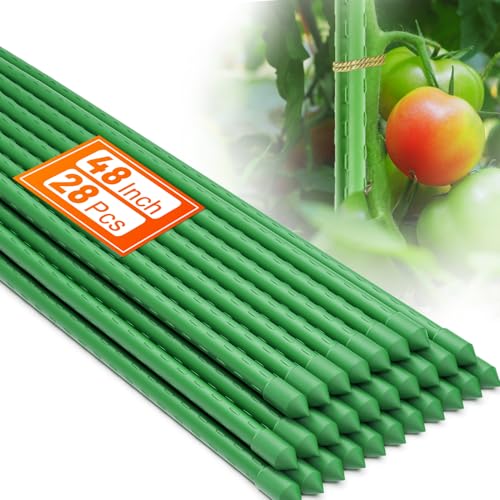 Fabulas Garden Stakes 4Ft, 28 Pack 48 Inch Plant Tomato Stakes and Supports Sturdy Plastic Coated Metal Garden Support Stick for Outdoor Indoor Climbing Plants, Beans, Vegetables, Trellis, Tree