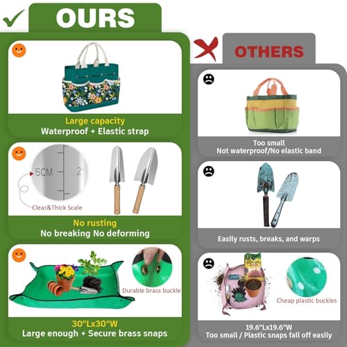 22Pcs Gardening Tools Set for Women Heavy Duty Garden Hand Tools Kit Birthday Gifts for Mom Wife Grandma Beginner Gardening Accessories with Tote Bag/Shovels/Repotting Mat/Plant Labels/Gloves - color: Dark Green