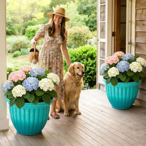 Autodaya 15" Large Planters For Outdoor Plants Set Of 2 Plastic Flower Pots - color: 15"-gradient Teal Green