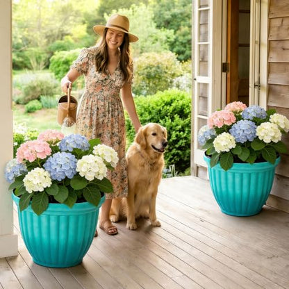 Autodaya 15" Large Planters For Outdoor Plants Set Of 2 Plastic Flower Pots - color: 15"-gradient Teal Green