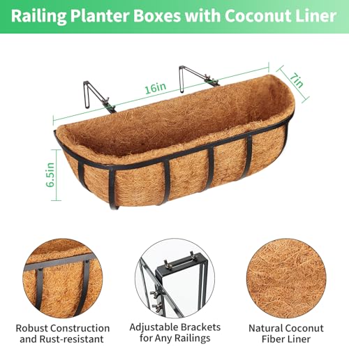 Legigo 2 Pack 16 Inch Window Box Deck Railing Planter with Coconut Liner, Balcony Rail Planters Horse Trough Window Planter Boxes, Metal Railing Hanging Flower Baskets for Outdoor Porch Fence Patio