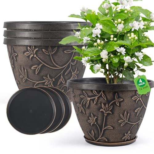 Nooulap 12 Inch Pots for Plants with Drainage & Trays, Retro Brown - color: Retro Brown, size: 12 Inch