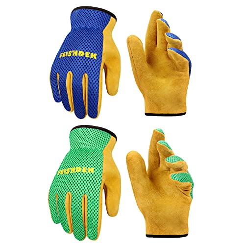 Kids Gardening Gloves, Durable Cowhide Kids Leather Glove for Work Age 2-12 - color: Green+blue, size: Medium (Age 4-6)