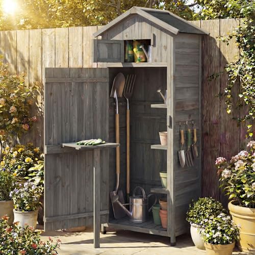 IRONMAX Outdoor Wooden Storage Shed with Folding Table, Grey, 30“x20”x70” - color: Gray