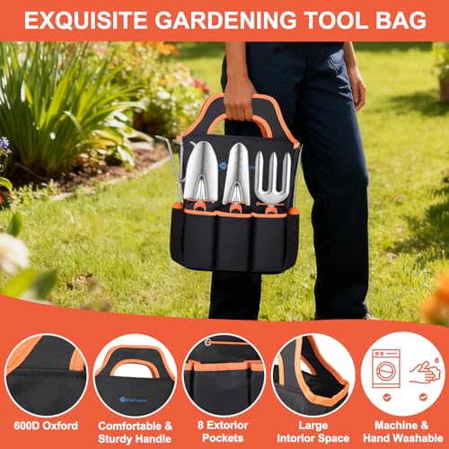 Yesker Gardening Tools 7-Piece Heavy Duty Garden Tool Set Gardening Supplies Gifts for Women Men Gardening Hand Tool Kit with Non-Slip Ergonomic Handle, Garden Bag, Pruning Shears, Black Orange - size: 7PCS Black Orange
