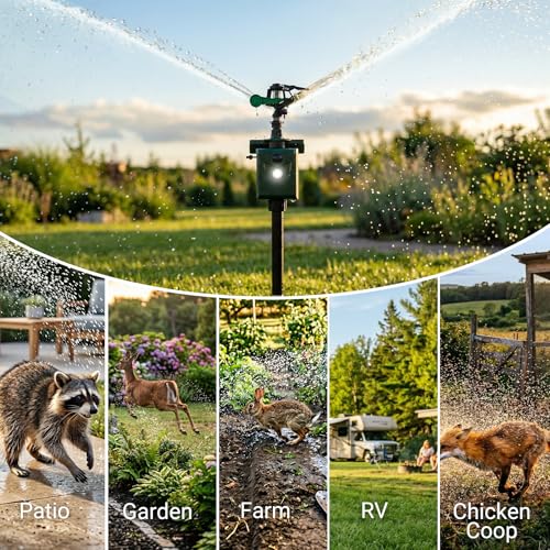 2 Packs Motion Activated Deer Repellent with Water Sprinkler, Solar Powered Cat Repellent Outdoor, IP65 Waterproof Deer Repellent Devices with Flashing Light, Deter Dogs Skunks Raccoons from Garden