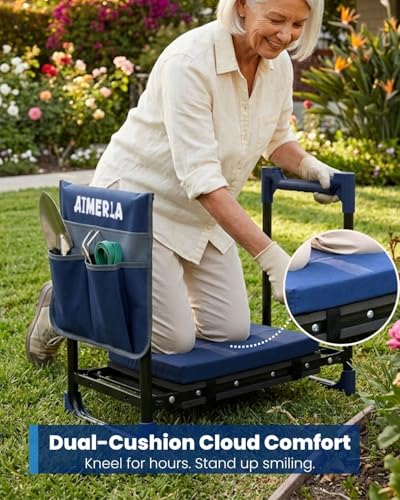 Aimerla K7 Foldable Garden Kneeler Seat, Upgraded Anti-Slip Base, 350LBS Capacity, 10.2" Wide EVA Pad & Detachable Cloud Cushion, 2-in-1 Kneeler Bench for Seniors, Gardening Gifts for Parents - color: Navy Blue