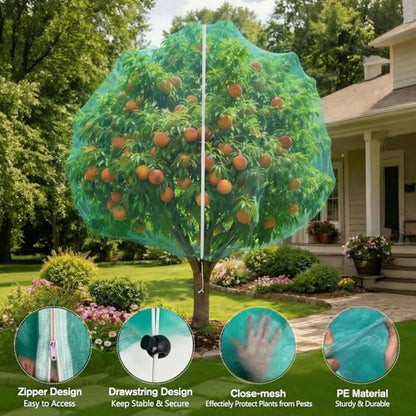 KEOHOLI 12FTx12FT Green Large Fruit Tree Netting Reusable Durable Mesh Cover with Zipper and Drawstring for Fruit Tree Protection Cover from Birds Cicadas Squirrels and Insects - size: 12*12ft (1Pack, Green)
