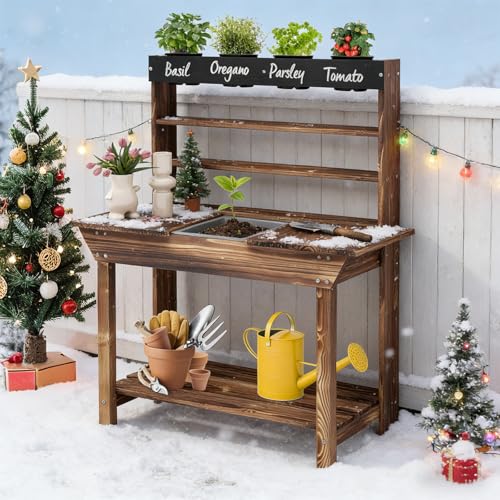 GLACER Potting Bench for Kids, Outdoor Wood Kids Garden Table with Removable Sink, Open Shelves, 4 Pots, Toy Gardening Center Playset, Kids Potting Table Mud Kitchen, Gift for Boys Girls Aged 3+