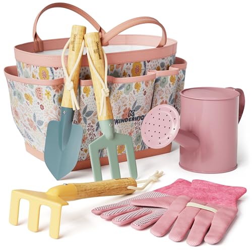 Gardening Set, Tool Kit, for Kids, STEM, Includes Tote Bag, Spade, Watering Can, Rake, Fork, Trowel and Gloves (Petal) - color: Petal