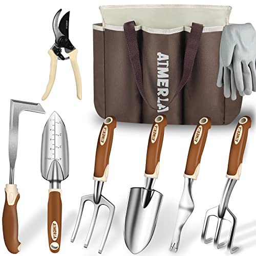 Aimerla Gardening Tools Set of 9 Heavy Duty Garden Tools with Non-Slip Rubber Grip with Large Garden Bag for Tools Durable Hand Tools for Gardening, Weeding,Gardening Gifts for Women,Men - style: Brown