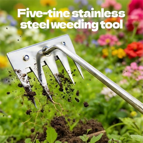 Weed Puller Tool - 2026 Portable Manual Weeding Tools Gardening, 5 Teeth Head Stainless Steel Hand Garden Weeding Rake, Weed Remover Tool for Vegetable Gardening Yard Backyard Farm Planting & Weeding - color: Silver-1pcs