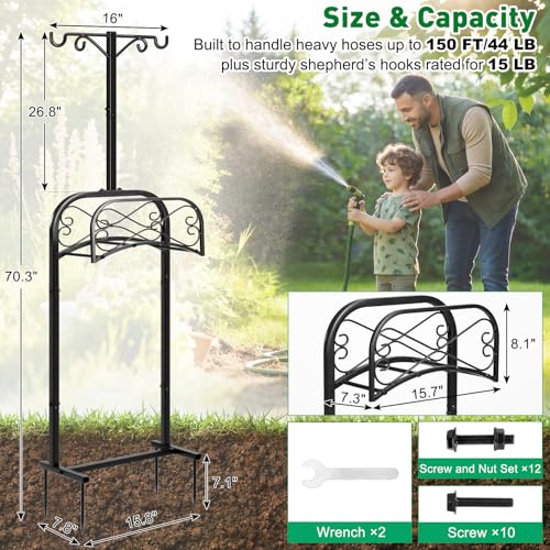 Gtongoko Garden Hose Holder for Outside 70" with 4 Prongs Base & 2 Shepherds Hooks Heavy Duty Freestanding Metal Water Hose Holder Stand Holds Up to 150FT Hose & 44LB Detachable Hose Storage for Yard - size: 70 Inch