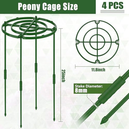 MJZ 4 Pack Peony Cages and Supports, 11.8" D x 25" H Plastic Plant Supports - color: Green-Plastic-4PC