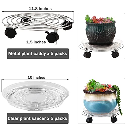 5 Packs Metal Plant Caddy with Wheels 11.8” Heavy-duty Rolling Stand Wheeled Dolly Indoor Outdoor Planter Mover Rollers, Flower Pot Coaster Trolley, Silver - color: Bright silver